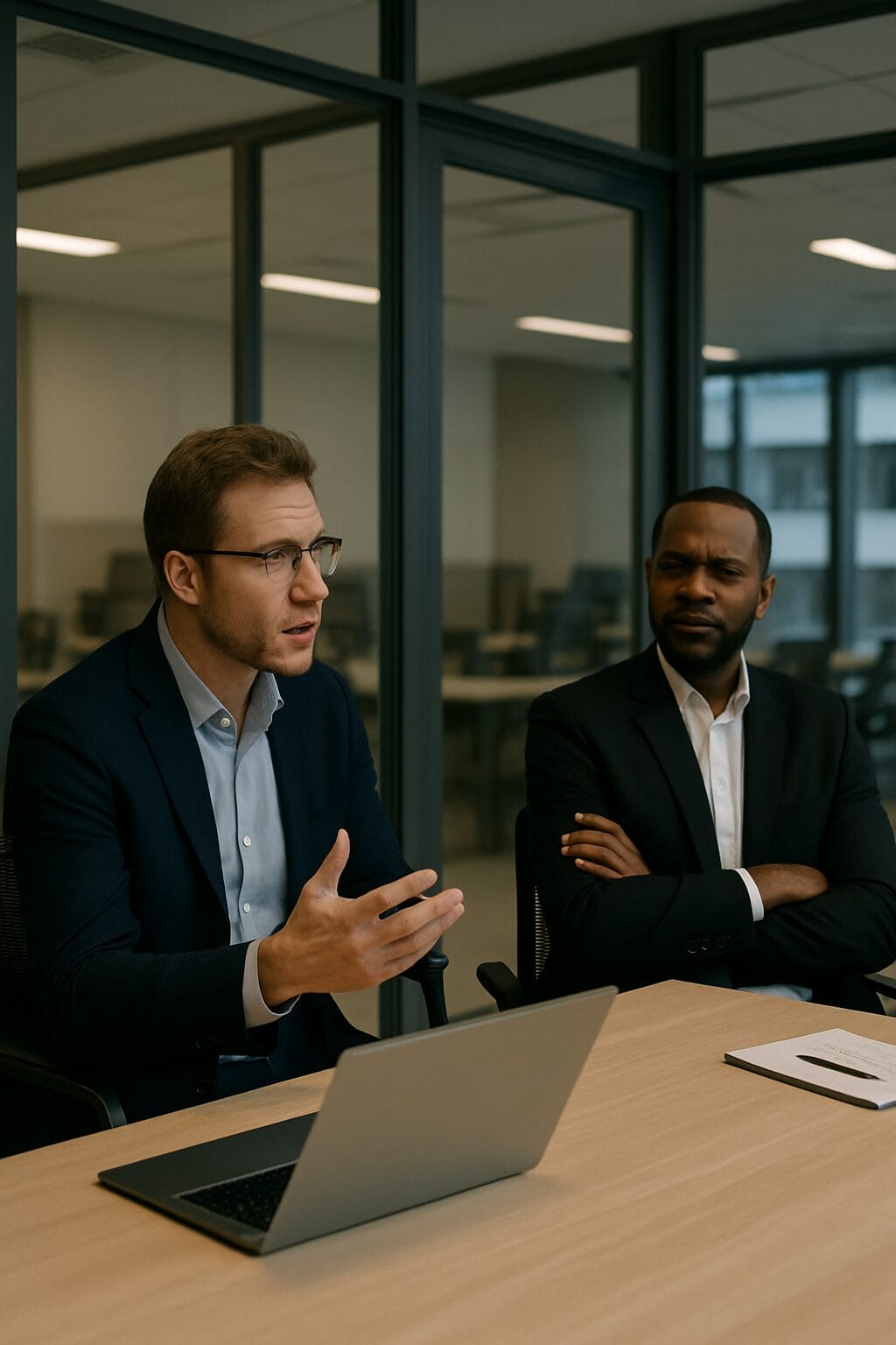 Two professional men in a modern office; one speaks animatedly while the other sits back with arms crossed, observing.