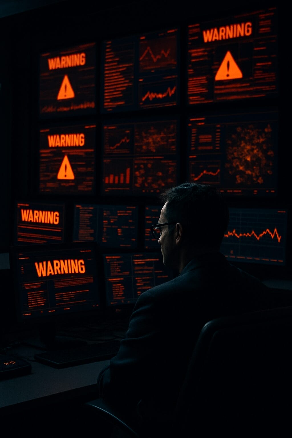 Leader in high-pressure control room surrounded by warning signals and alerts