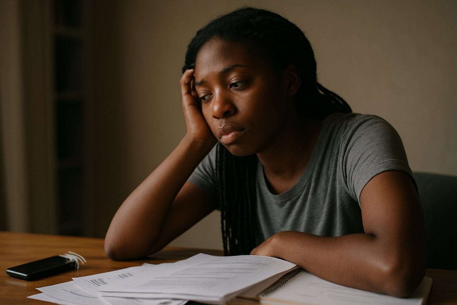 A young Black woman sits at a desk with her head resting in her hand, surrounded by scattered documents and a buzzing phone, looking emotionally drained.