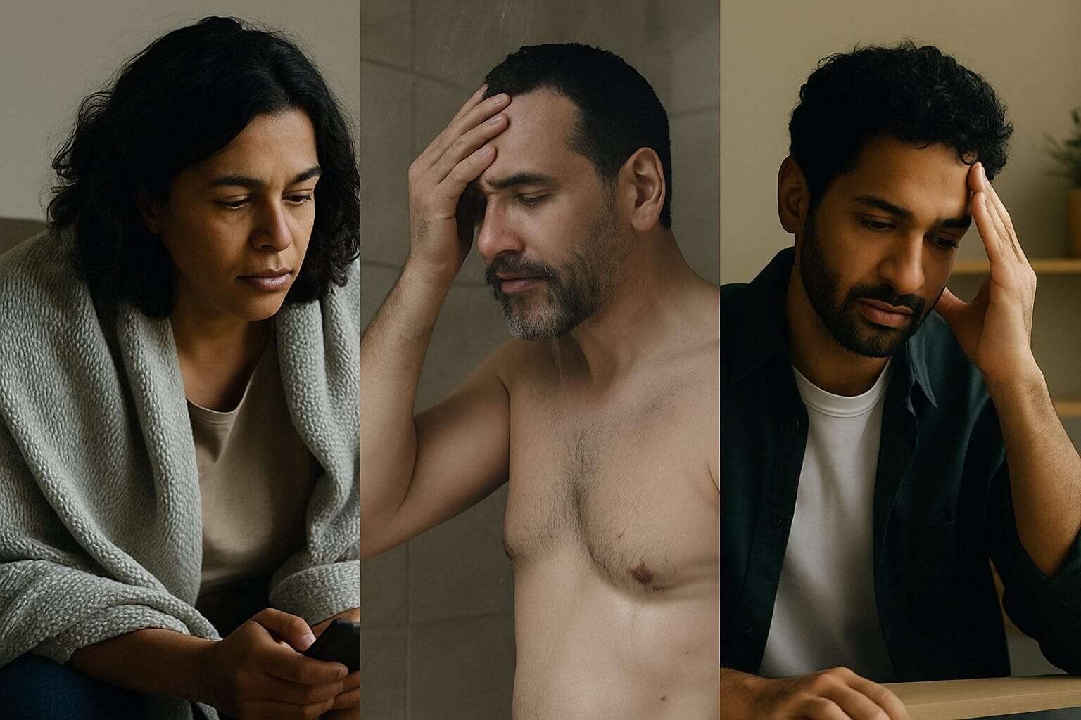 A three-panel collage of adults in quiet emotional distress: a woman scrolling on her phone, a man in a shower touching his forehead, and another man staring down at a laptop.