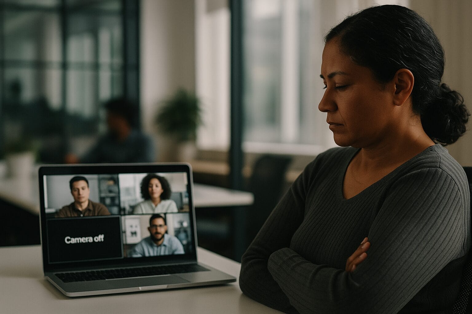 Woman with medium brown skin sits withdrawn in front of a laptop showing a virtual team meeting, one participant’s camera off