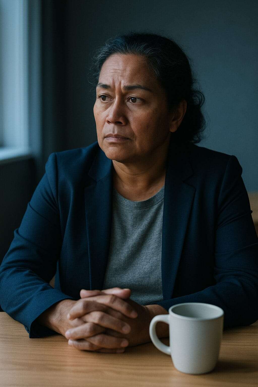 Middle-aged Pacific Islander woman in a blazer sits quietly at a table with hands clasped near a coffee mug, looking pensive in soft natural light