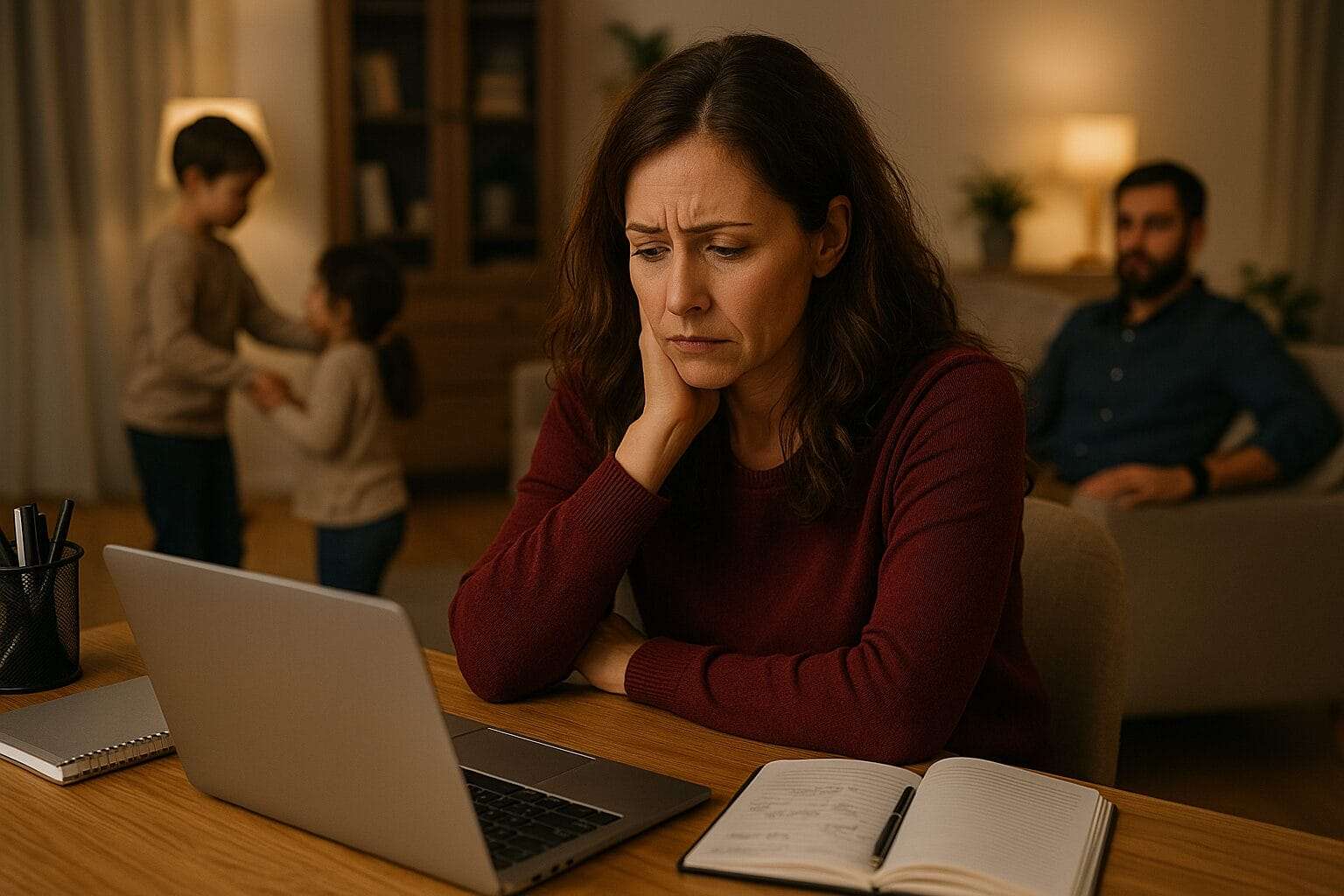 Woman in her late 30s working at a table with a laptop, looking exhausted while her partner and two children are in the background