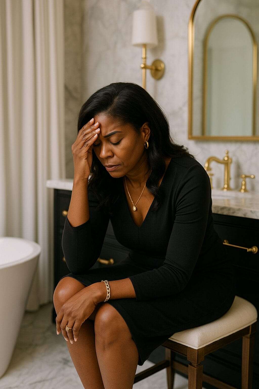 A Black woman dressed elegantly sits at her vanity in a luxury bathroom, head in hand, reflecting the quiet emotional toll of aesthetic pressure
