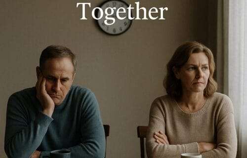 Middle-aged couple sitting in silence at opposite ends of a dining table, both lost in thought and emotionally distant