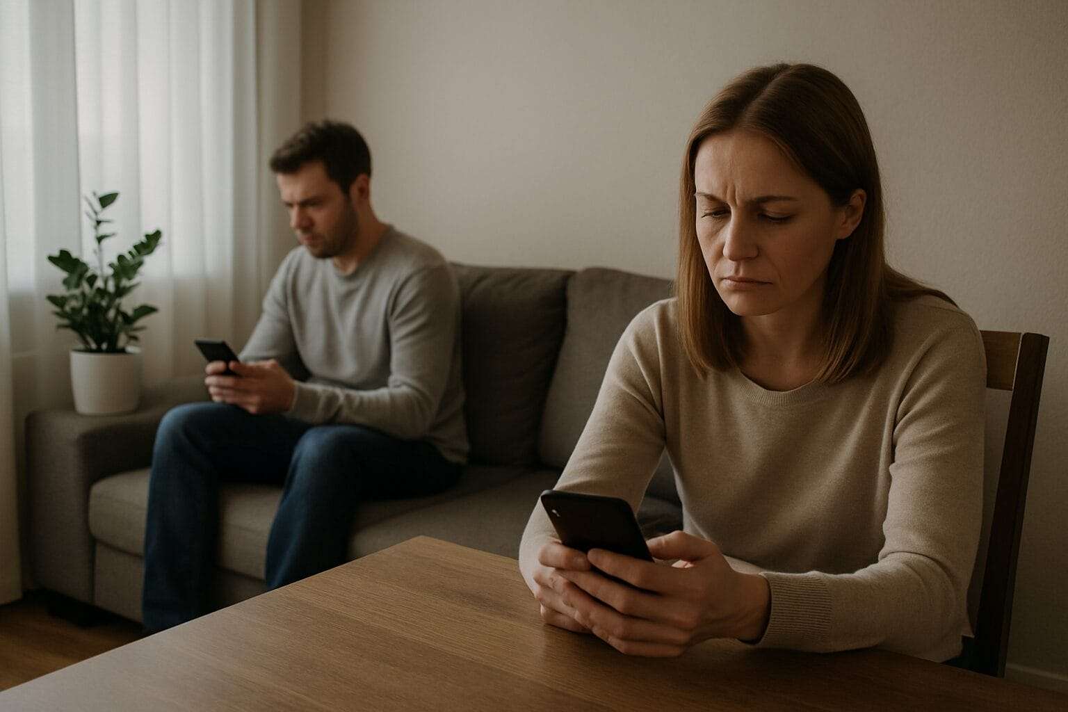 A light-skinned couple in their 40s sitting in the same room, both distracted and emotionally distant, absorbed in their own activities