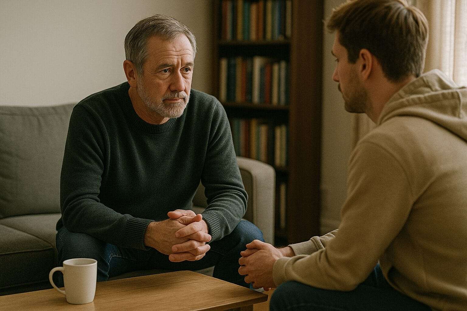 An older white man listens intently to a younger man across from him in a cozy, book-filled room, both seated with calm postures and focused expressions.