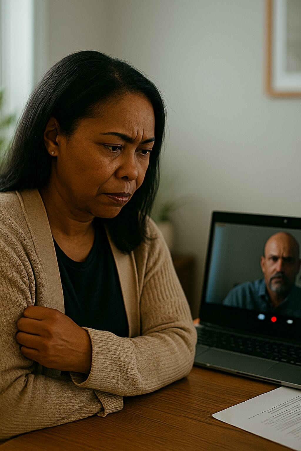 Middle-aged Black woman looks concerned during a video call, seated in a home office with a man visible on her laptop screen.