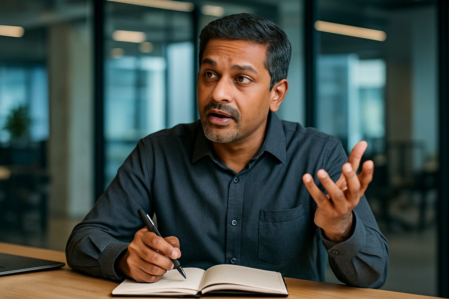 South Asian man in his early 50s seated at a modern office table, mid-sentence with a notebook and pen in hand, showing a thoughtful, emotionally engaged expression.