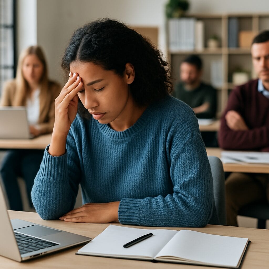 Light brown-skinned woman in a blue sweater holding her forehead in frustration while seated at her desk in a bright, modern office