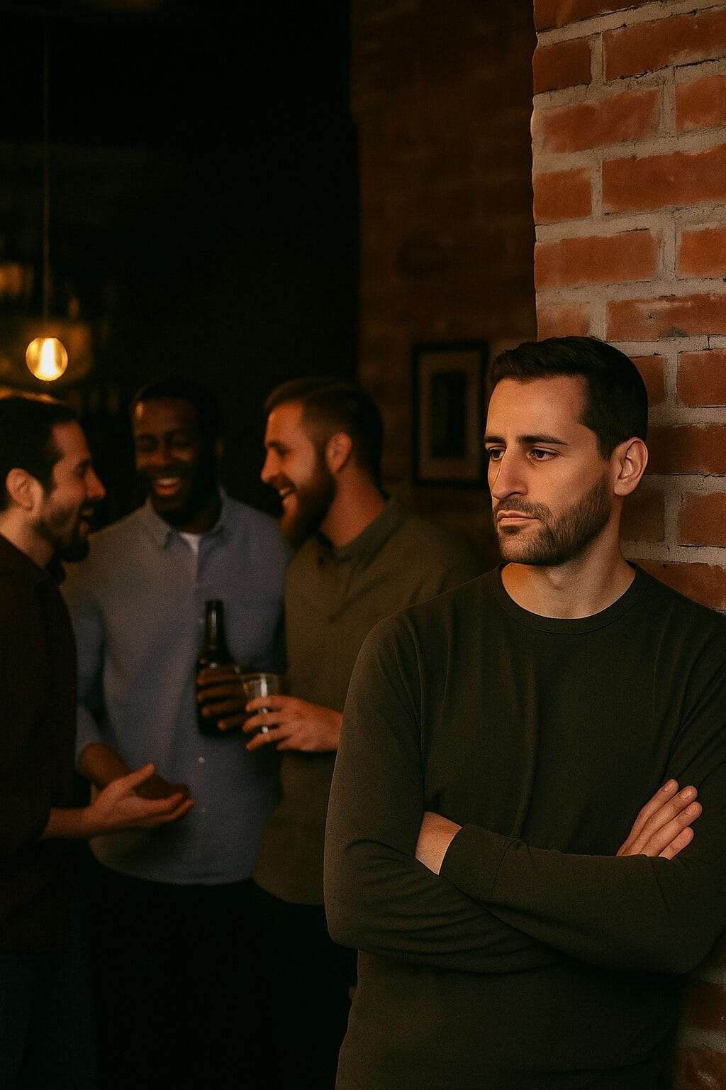 Man on the edge of a group of friends, feeling emotionally disconnected.
