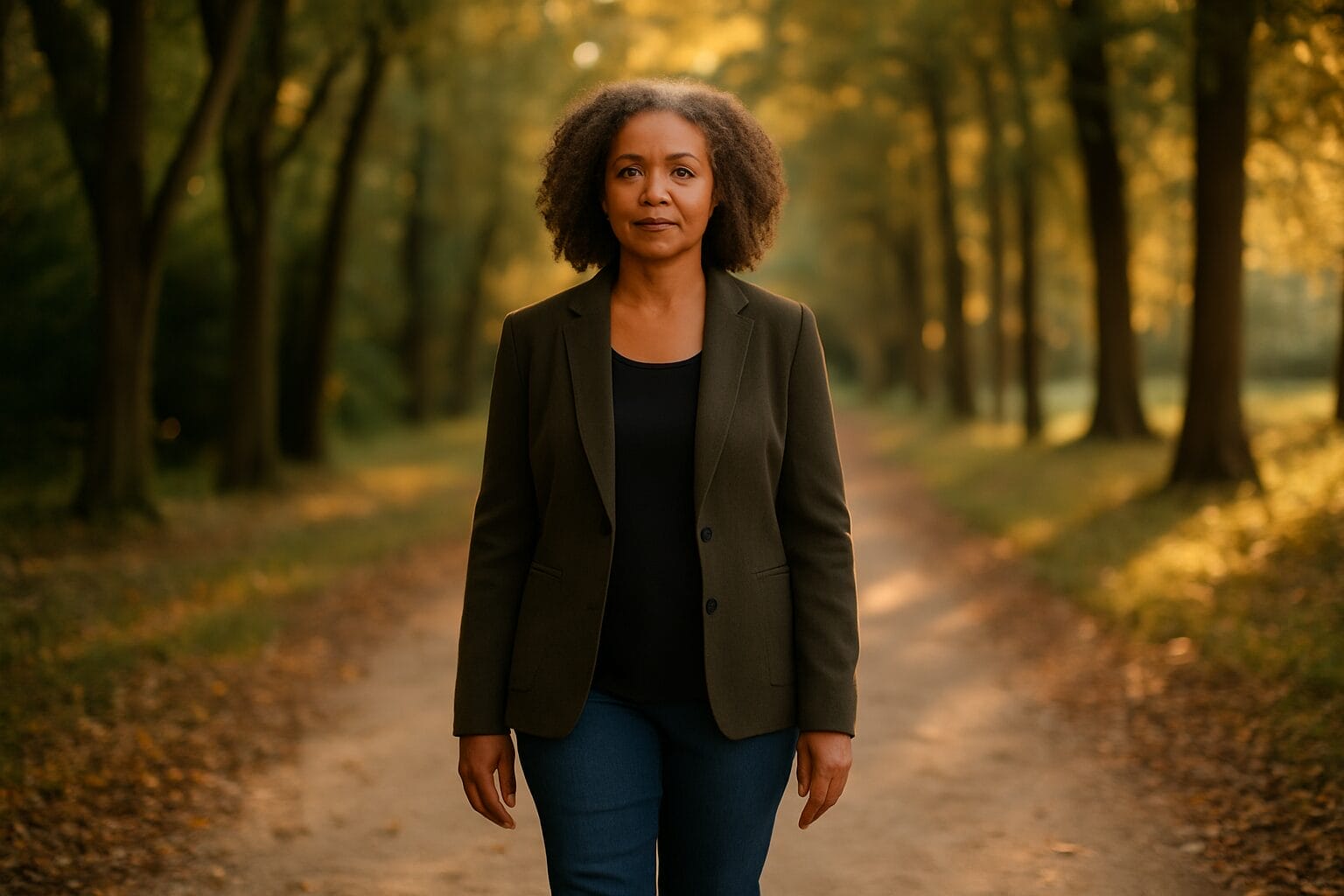 Black woman in her 50s walking alone down a golden-hour tree-lined path, symbolizing a new era of grounded leadership