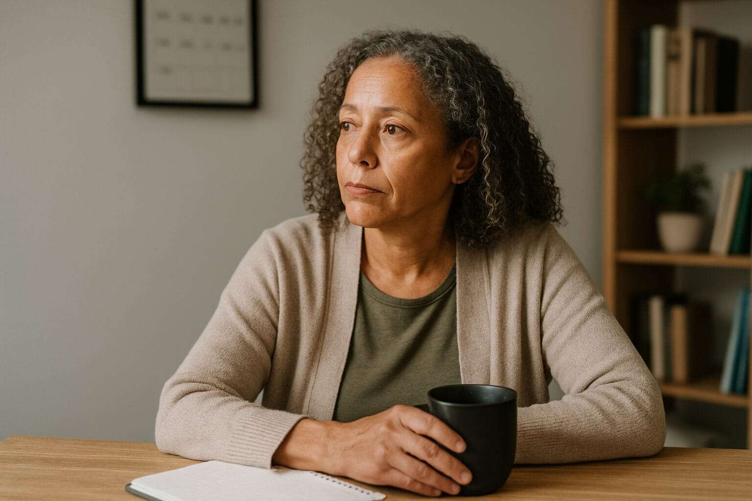 Middle-aged biracial woman in her 50s sitting quietly in front of a mirror, lost in thought, reflecting emotional exhaustion masked by daily performance.
