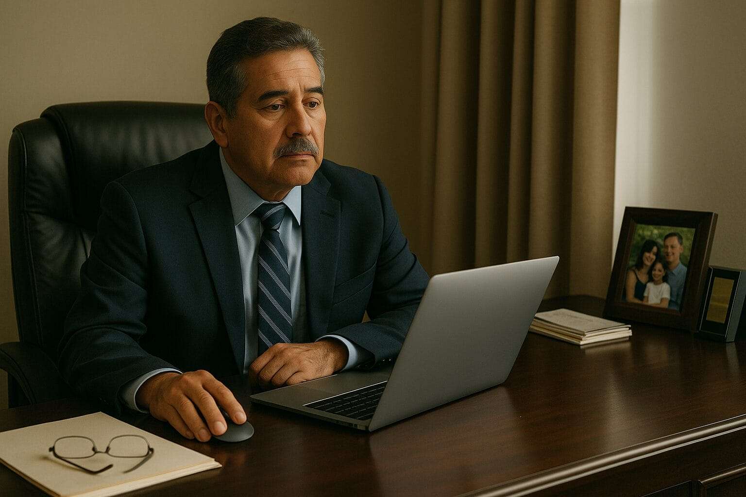 A middle-aged Latino man sits at a polished desk in a home office, dressed in a business suit, gazing thoughtfully past his laptop. A framed family photo nearby contrasts his external success with quiet emotional distance.