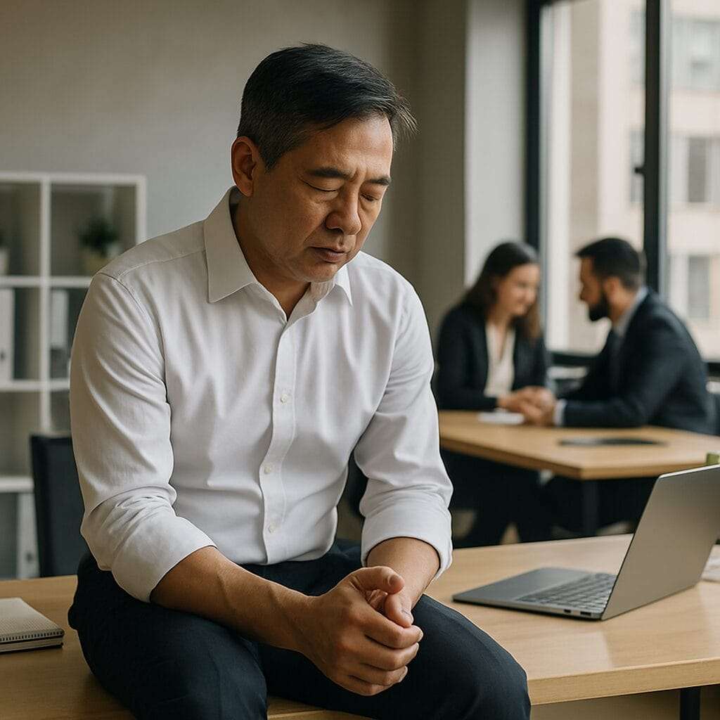 Asian man in his 50s sitting on the edge of a desk, sleeves rolled up, hands clasped in quiet focus, with coworkers talking in the blurred background