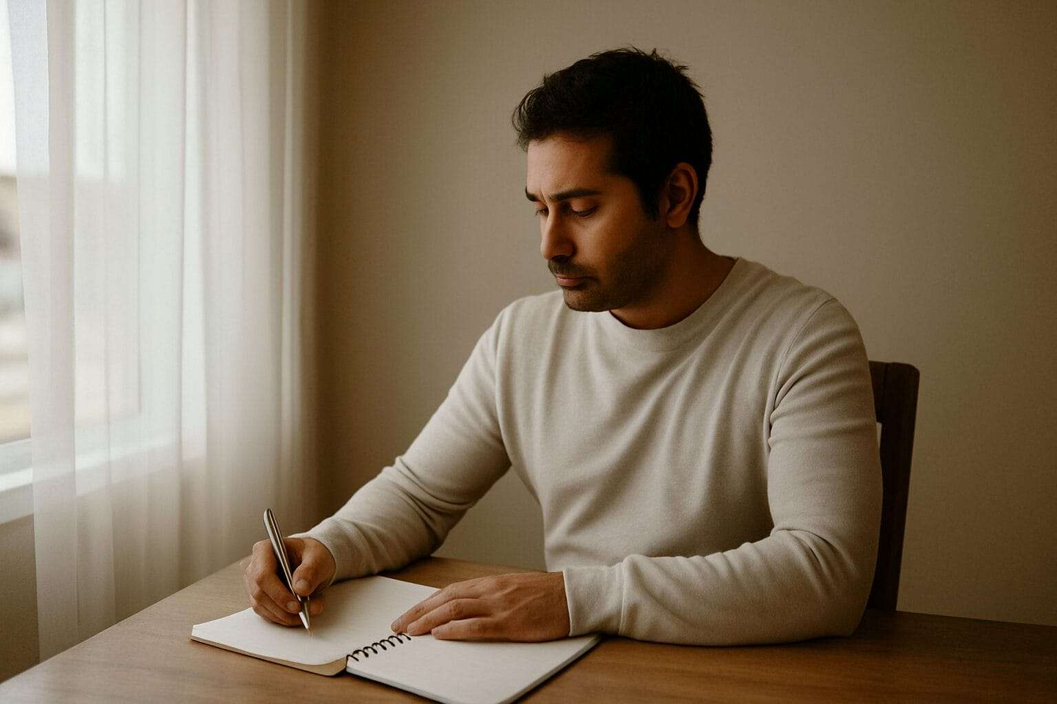 South Asian man sits at a table in soft daylight, focused on writing in a notebook with a calm, introspective expression.