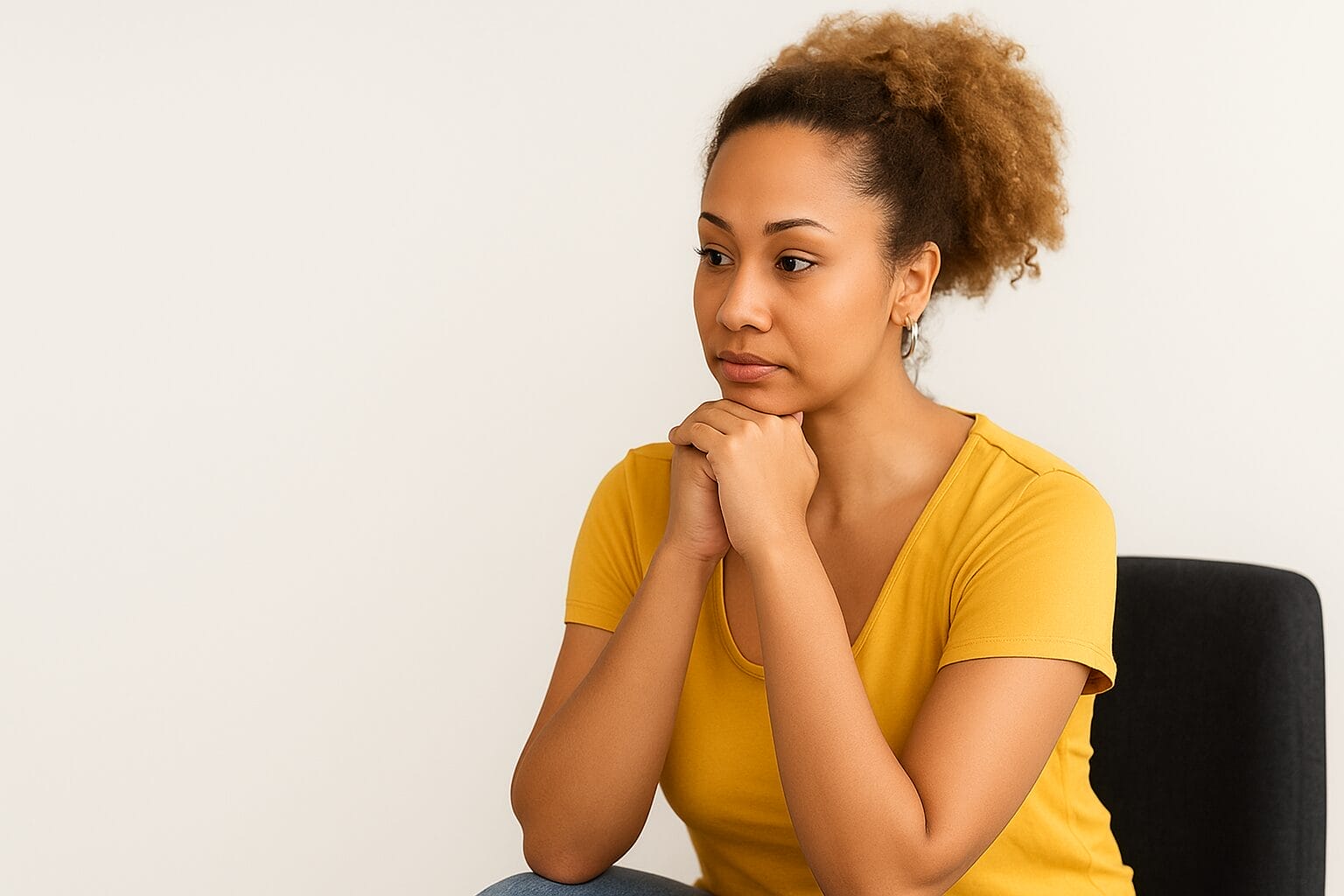 Light-skinned Black woman in a yellow shirt sitting with hands clasped under chin, gazing thoughtfully to the side.