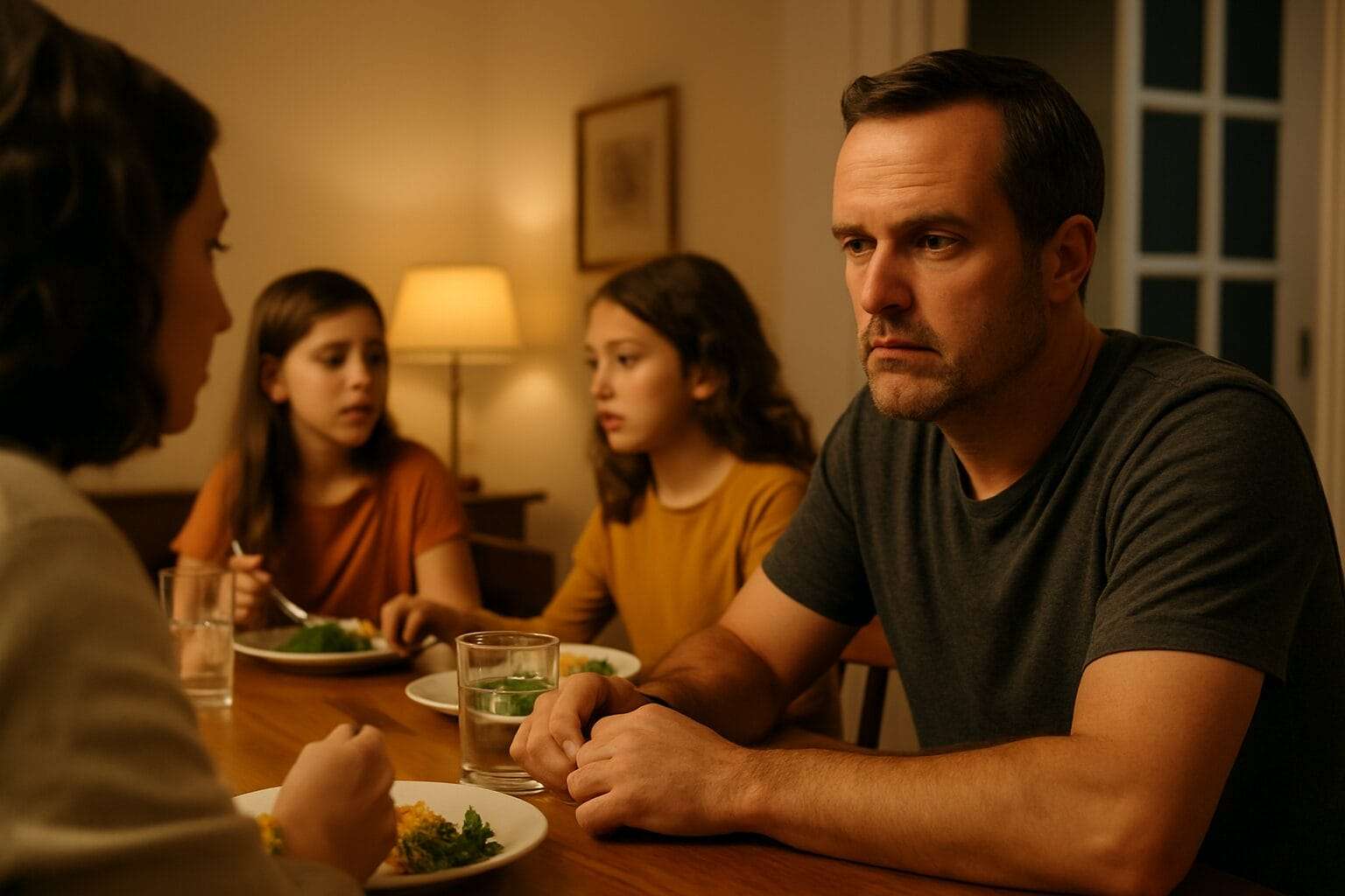 Father sitting at dinner table with family but looking distant, representing emotional absence.