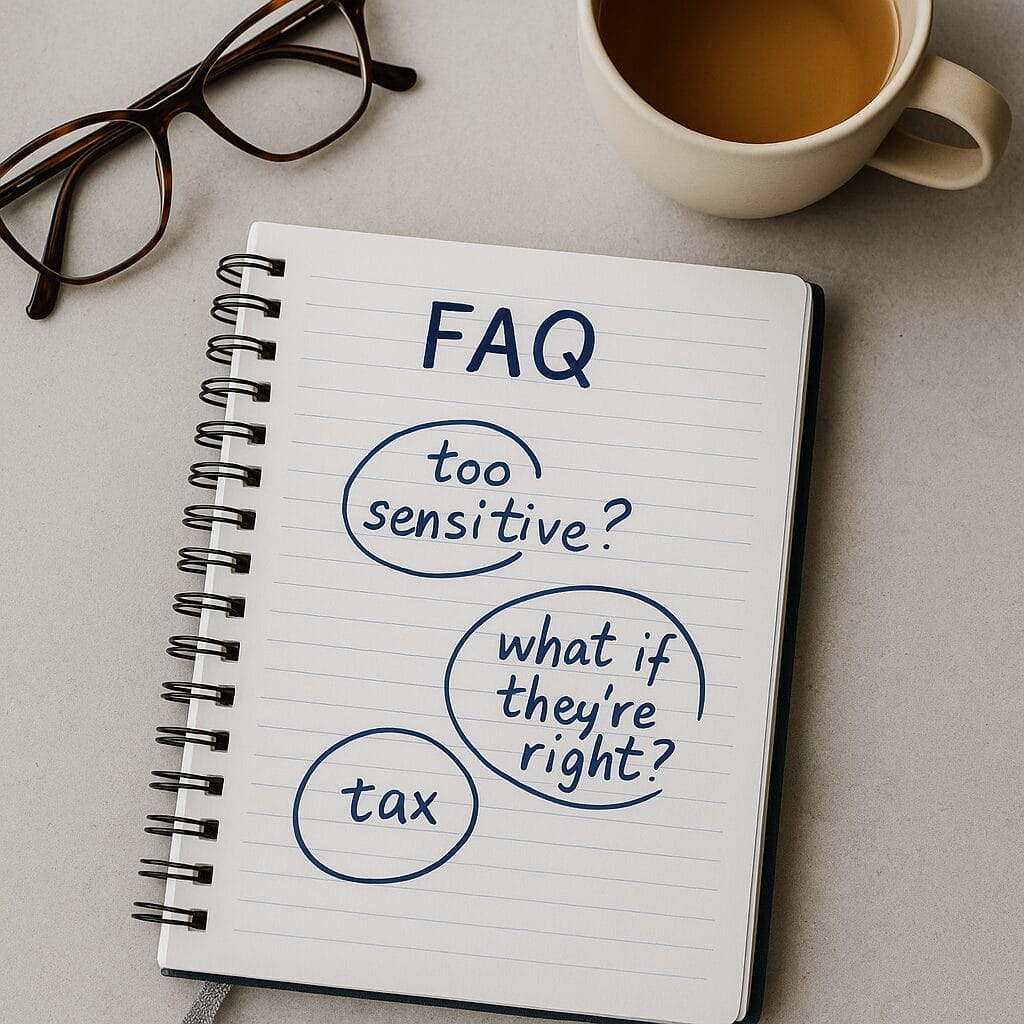 Open spiral notebook with questions like “too sensitive?” and “what if they’re right?” written and circled in blue ink, next to eyeglasses and a tea cup