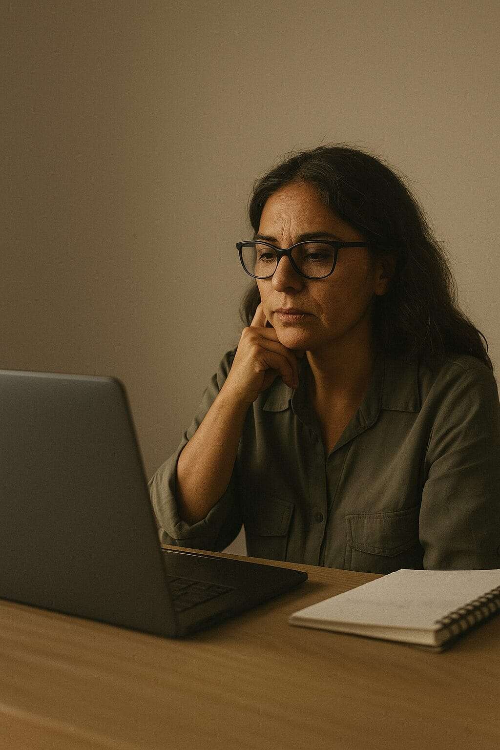 A Latina woman sits at a desk in front of a laptop, quietly reflecting with her hand on her chin and a notebook beside her.