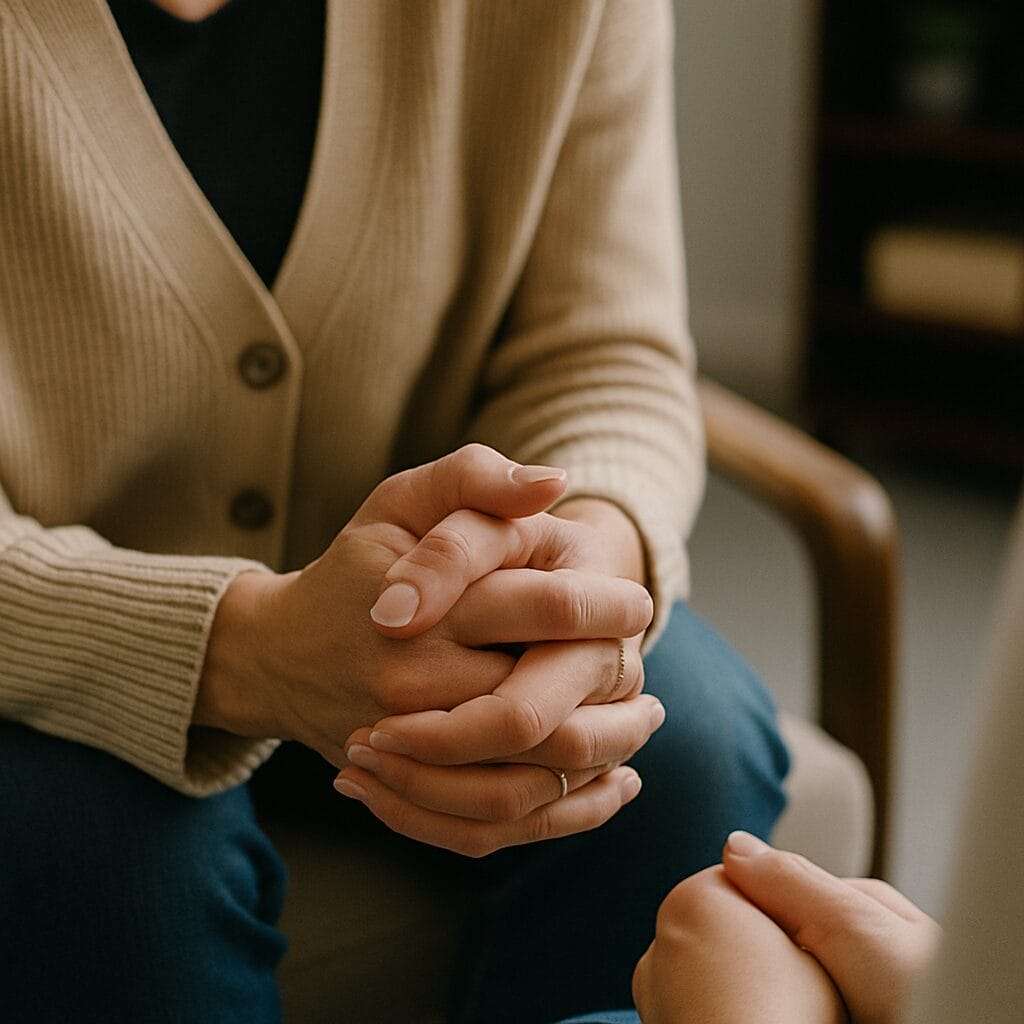 Close-up of a woman’s hands nervously clasped in her lap during a quiet coaching conversation