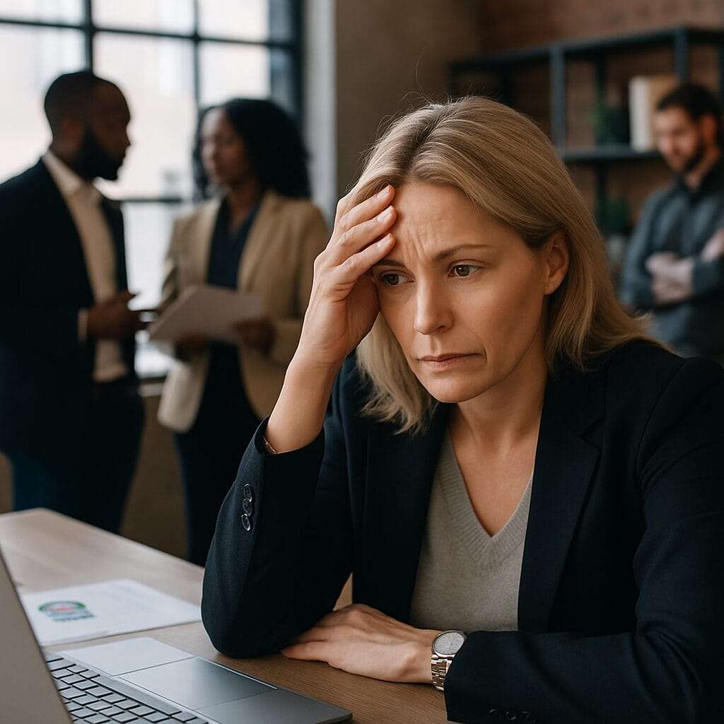 Professional woman in her late 40s sitting at a desk, looking tense while colleagues talk in the background