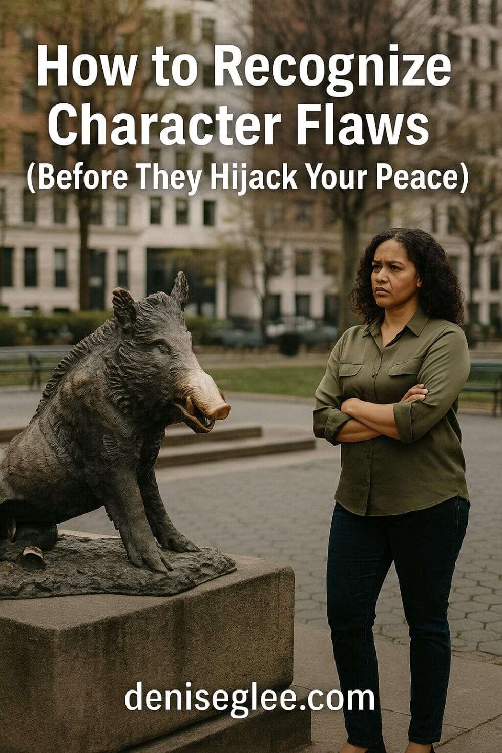 A serious woman stands with arms crossed in front of a wild boar sculpture in an urban park, symbolizing emotional boundaries and character discernment.