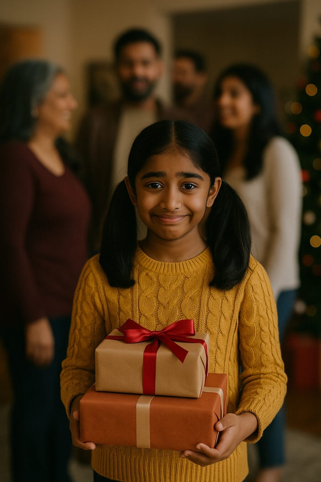 : A young South Asian girl with pigtails holds wrapped presents at a family gathering, wearing a strained smile.