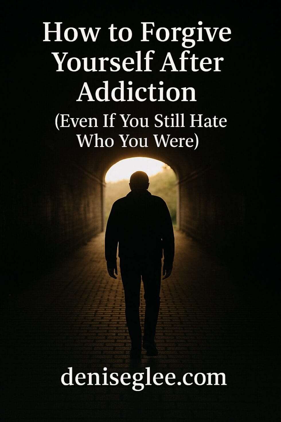 Silhouette of a person walking out of a dark tunnel into daylight, symbolizing recovery and self-forgiveness after addiction
