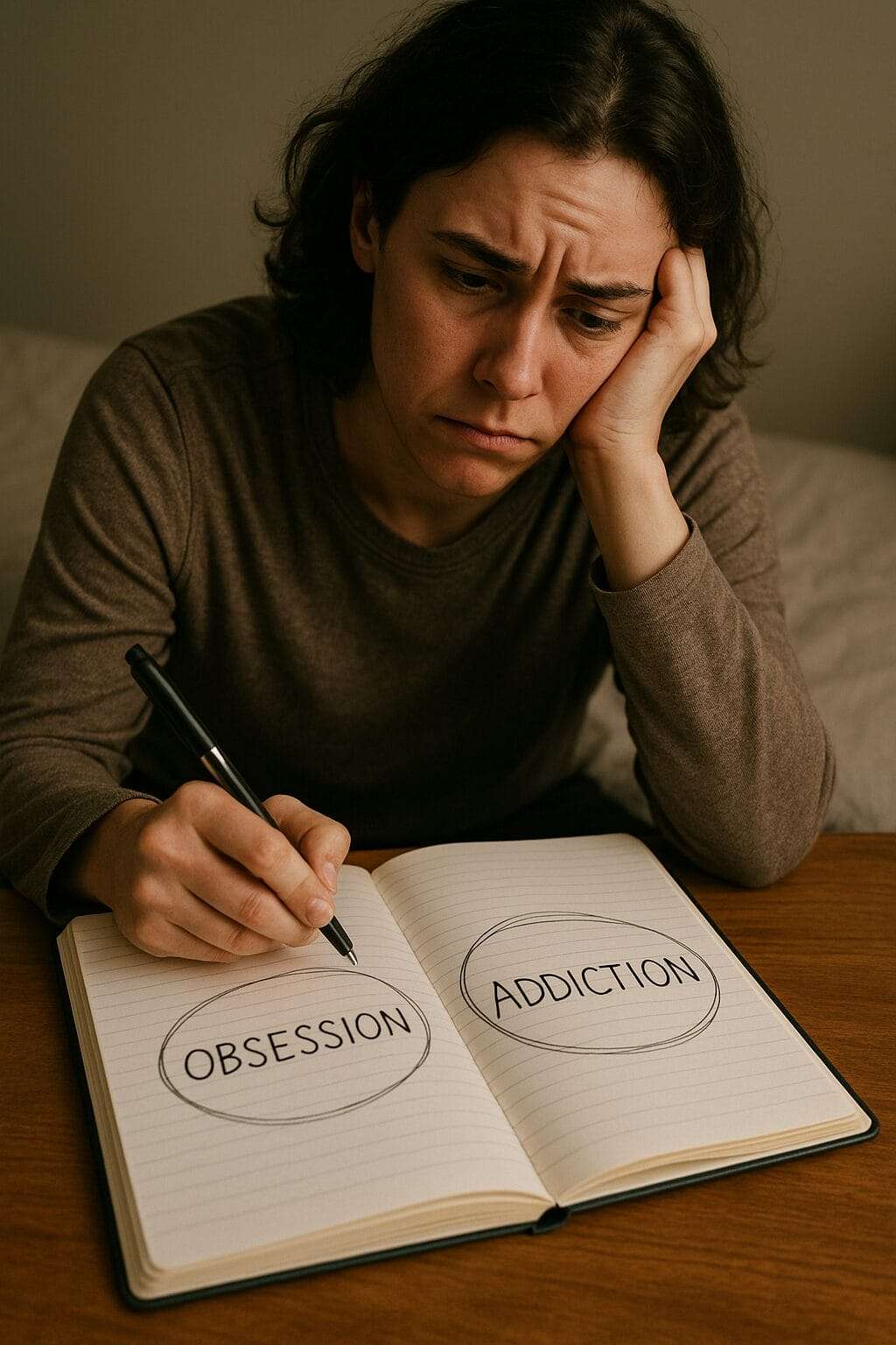 Person journaling with words “Obsession” and “Addiction” circled, reflecting emotional conflict and inner tension
