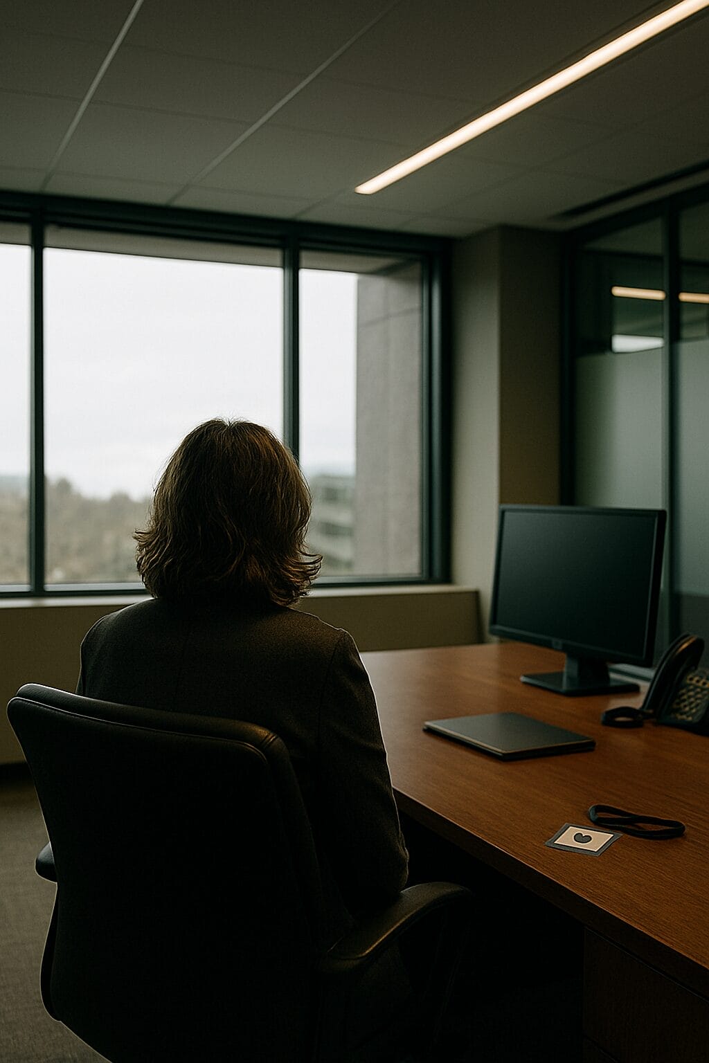Leader sitting alone in modern office, facing their own reflection or choices