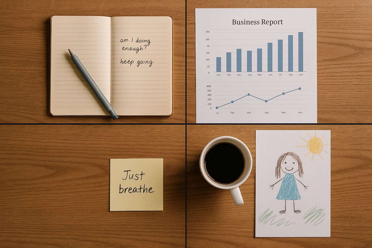 Top-down view of a leader’s desk split between performance, emotion, and personal life