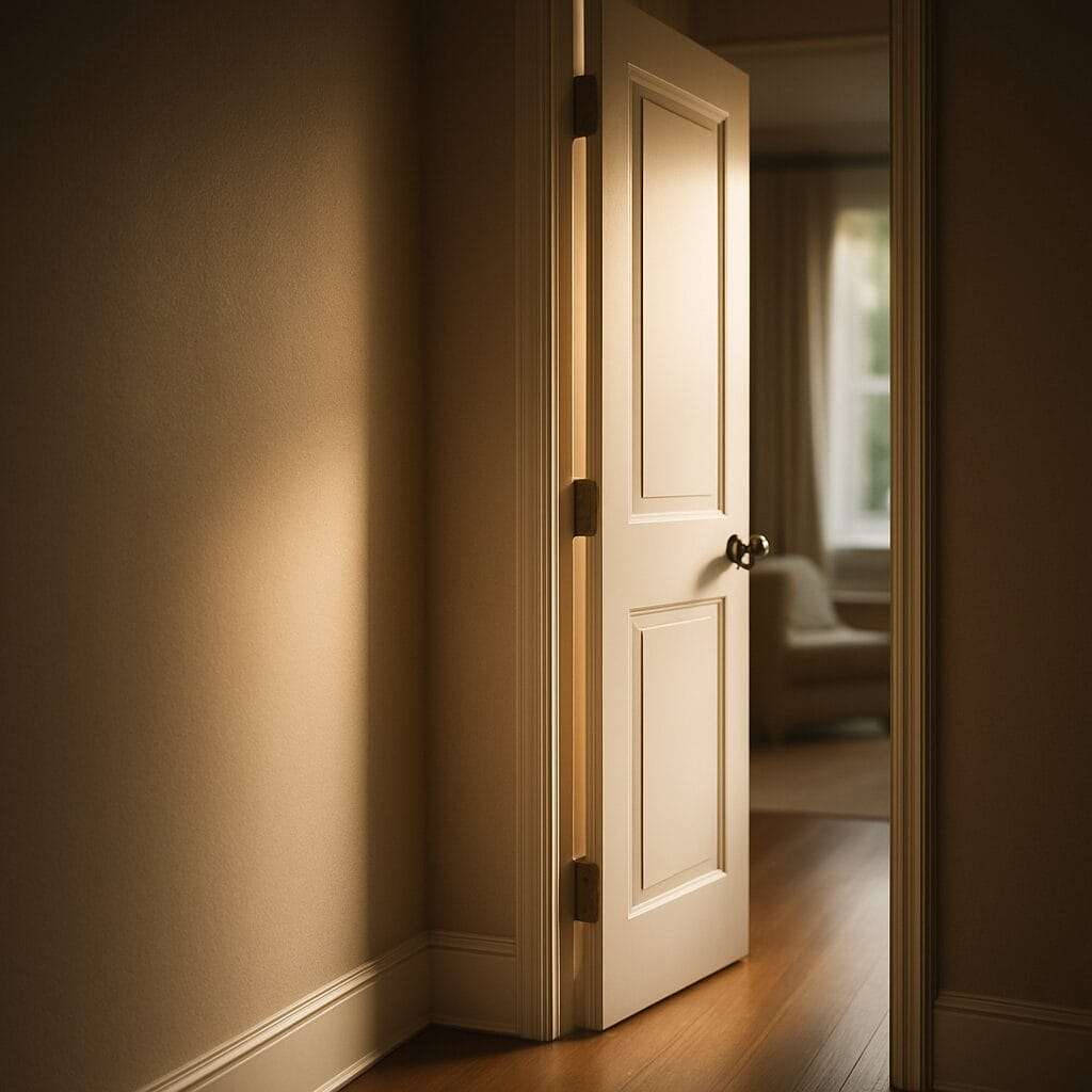 Soft morning light shining through slightly open door, symbolizing freedom from old scripts.