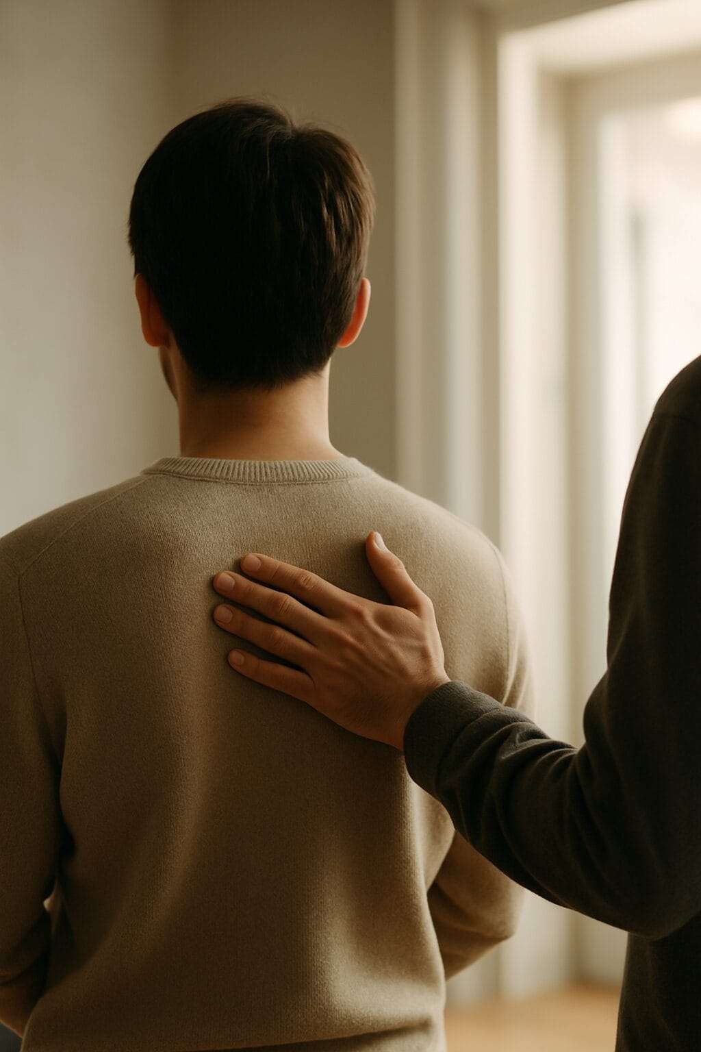 One person places a steady hand on another’s back as they look forward, symbolizing quiet support during the post-psychedelic integration process.