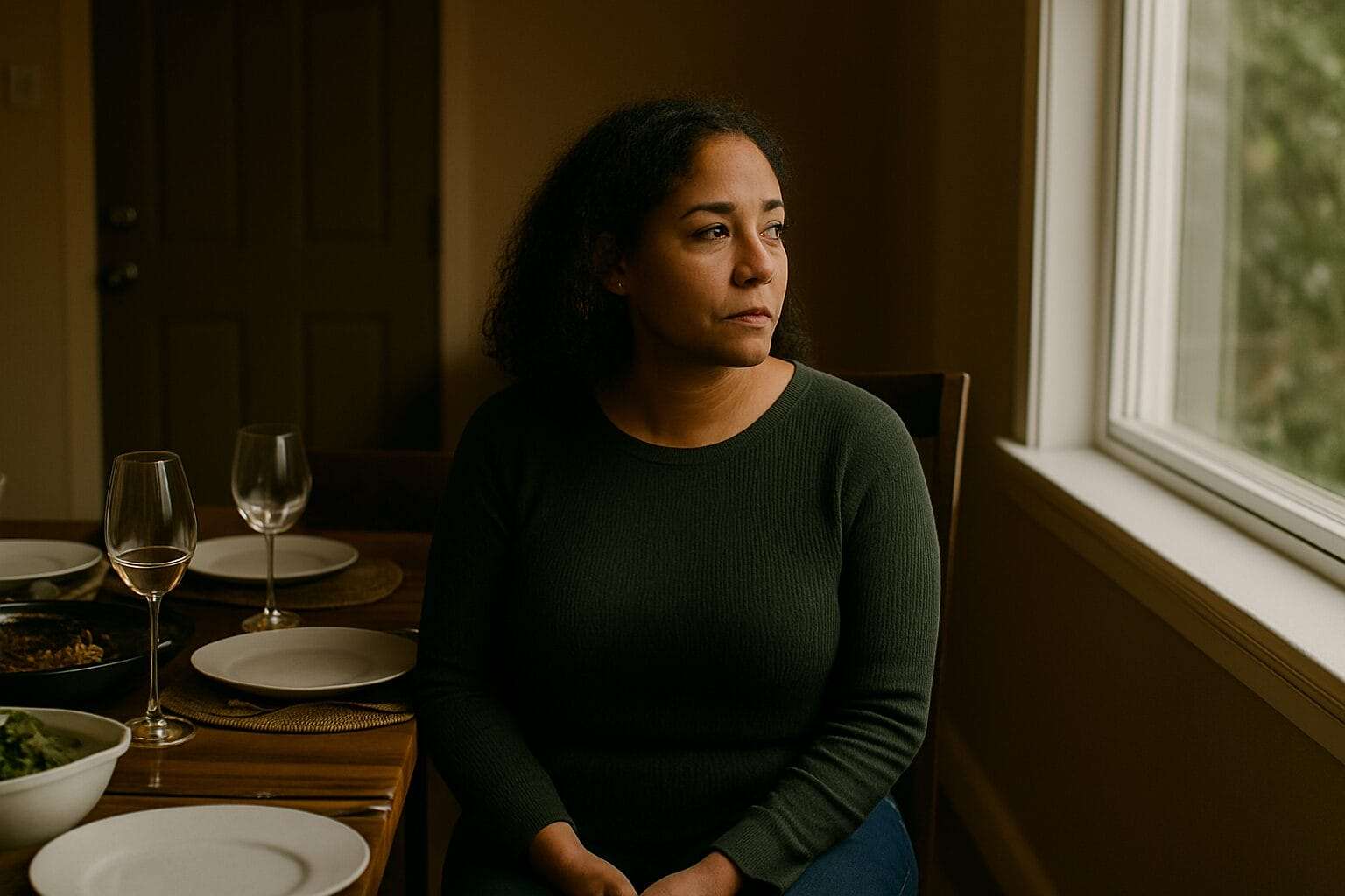 A middle-aged Afro-Latina woman sits alone at a dinner table set for guests, looking out the window in quiet reflection.