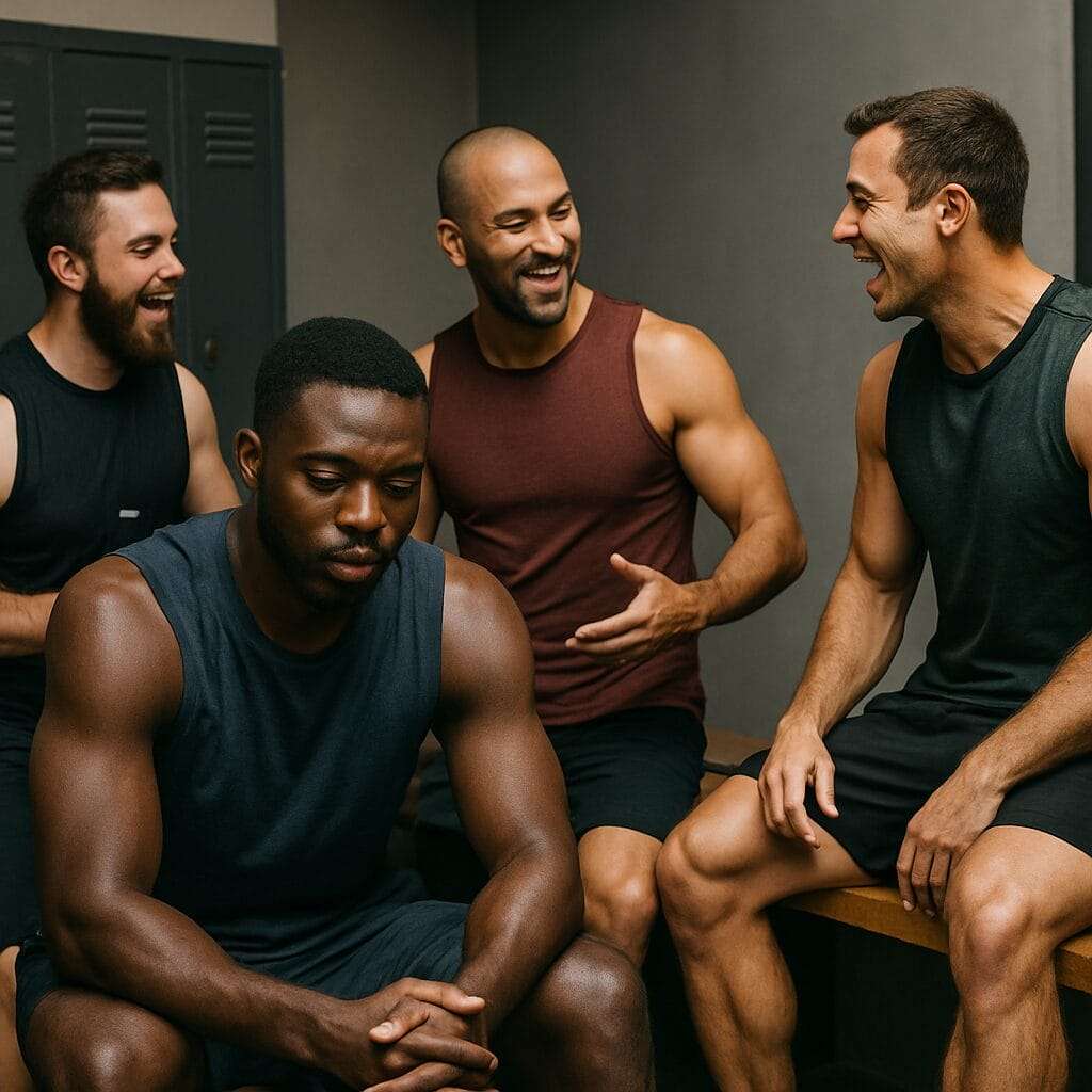 Man feeling emotionally dismissed by gym friends.