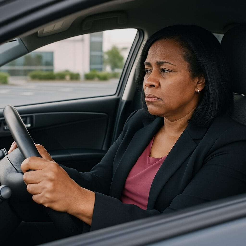An African American woman in her late forties sits alone in her car gripping the steering wheel, looking ahead with a solemn expression in a parking lot.
