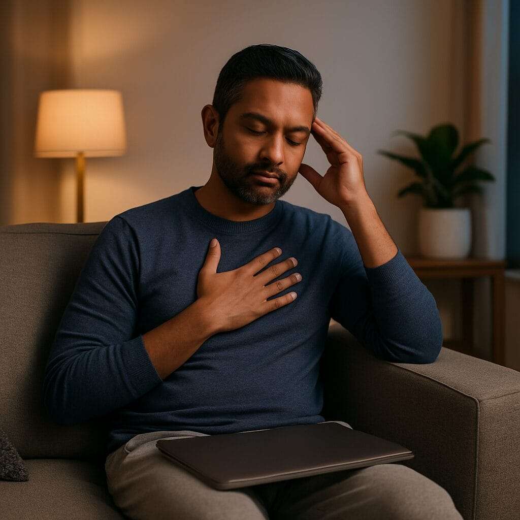 Person sitting quietly on a couch with eyes closed and hand over chest, resting in emotional regulation