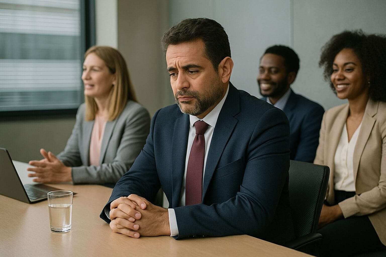 A Hispanic man in a navy suit sits at a conference table with three colleagues, looking distant and serious while the others are smiling and engaged.