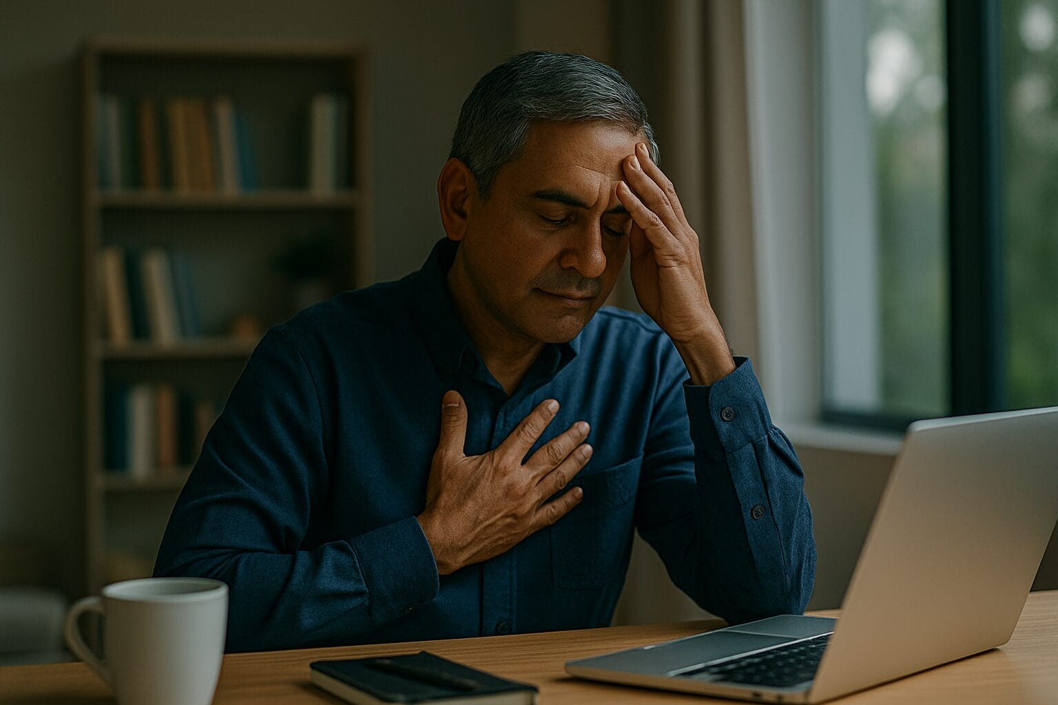 South Asian man in his 50s sitting at a desk in morning light with one hand on his heart and the other on his forehead
