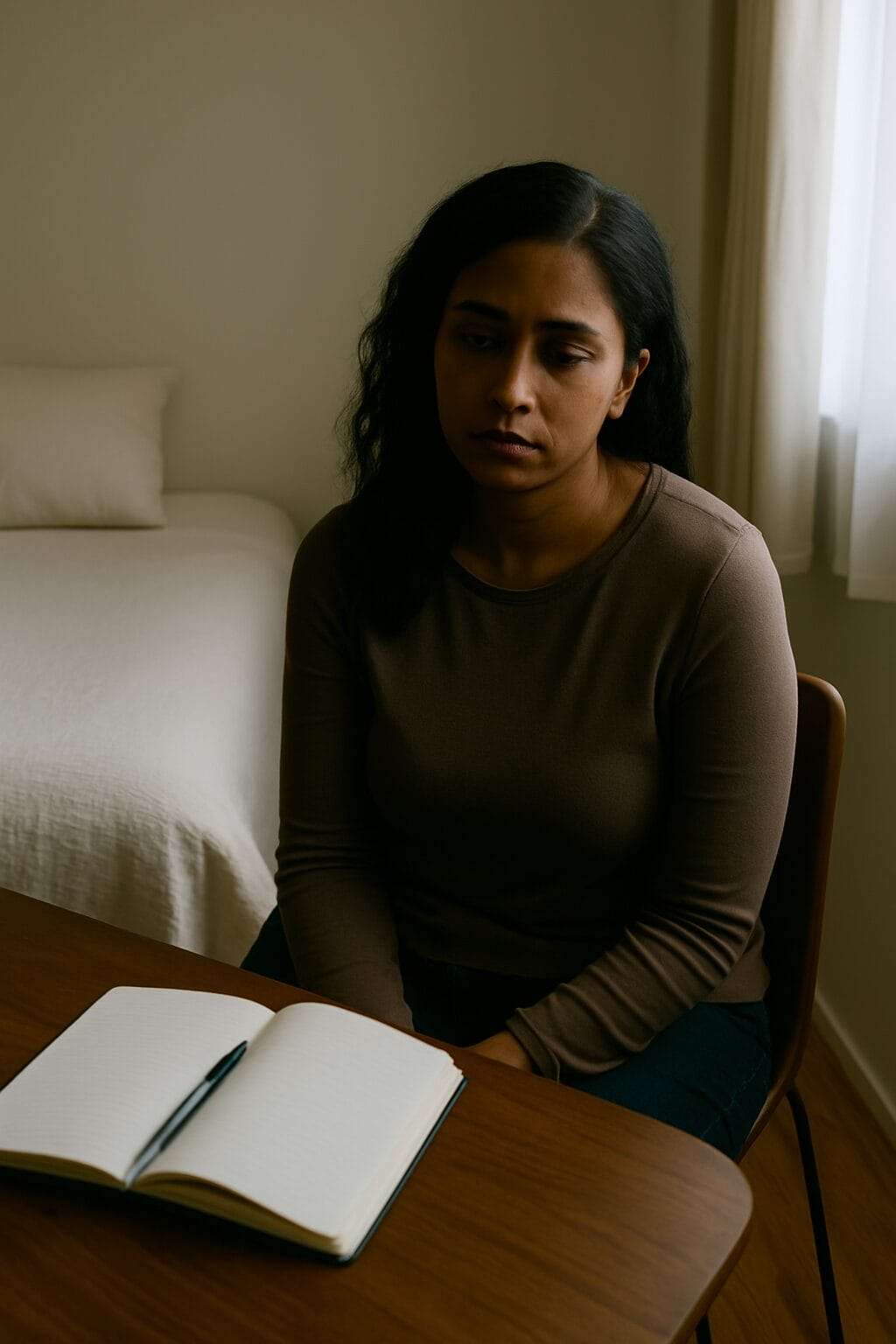 A young woman with medium brown skin sits beside an open journal in a dimly lit room, staring off in quiet frustration, unsure how to begin writing.