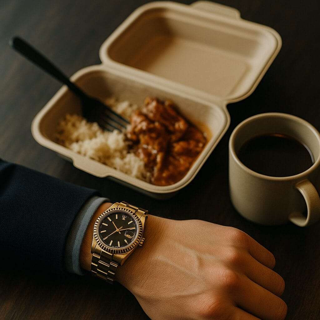 Close-up of a luxury watch on a wrist beside a half-finished takeout container and coffee mug, symbolizing the cost of constant striving.