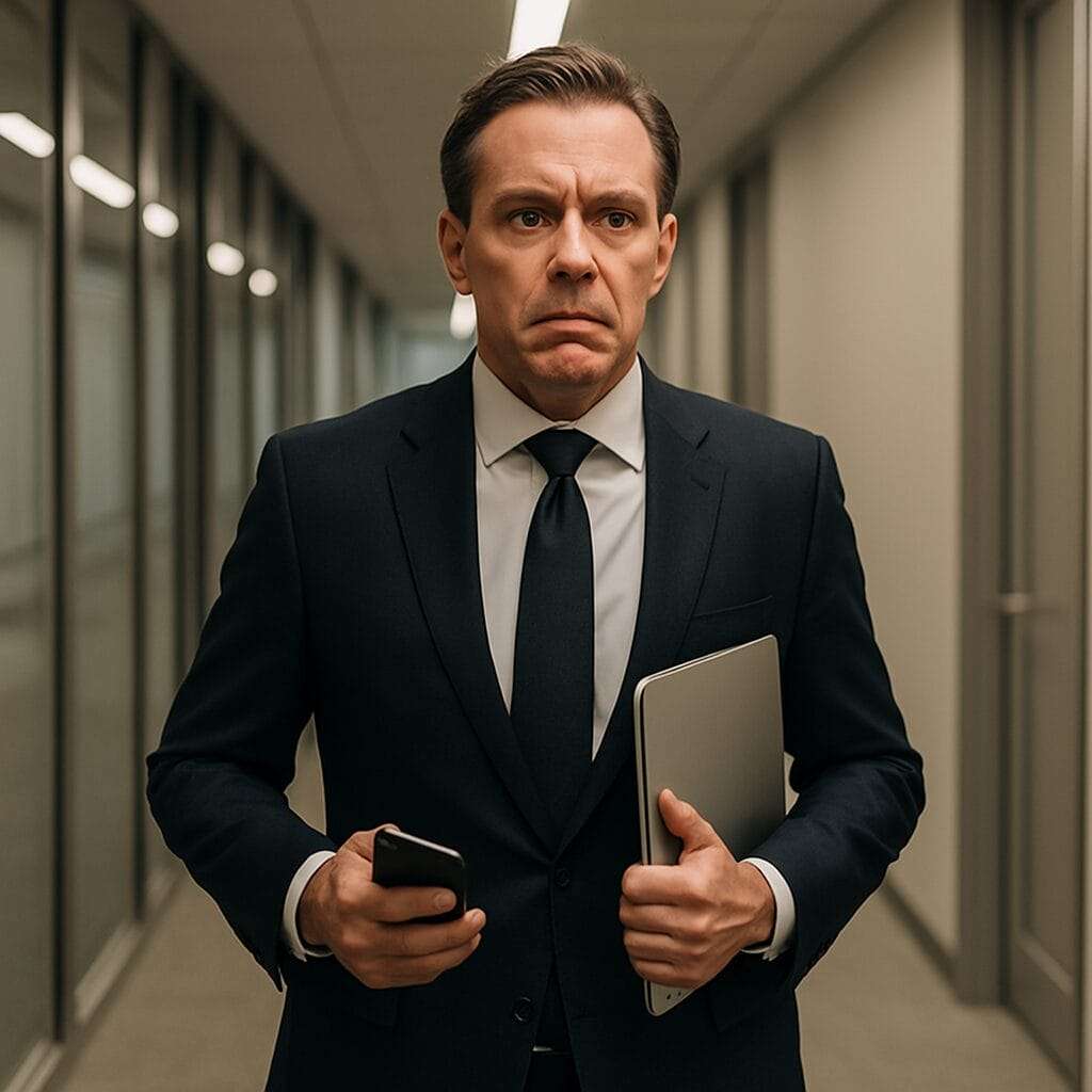 Confident professional walking through an office, holding tension behind a composed face