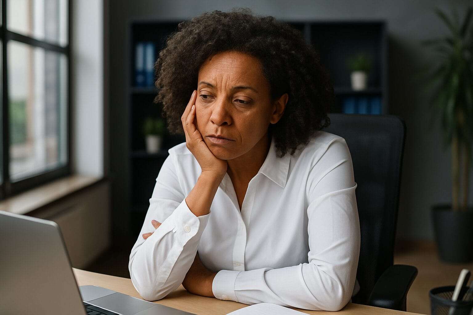 Black woman in her 40s sitting in a modern office, staring at her laptop with a tired, pensive expression