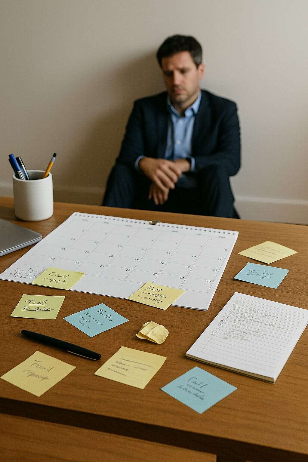 Person in work clothes sitting on the floor of an office, appearing emotionally drained despite productivity
