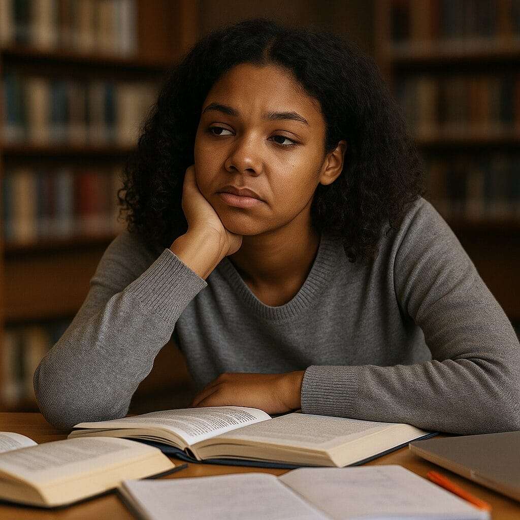 Young woman sitting surrounded by textbooks, looking away with a tired expression, representing the pressure to chase degrees for worth.