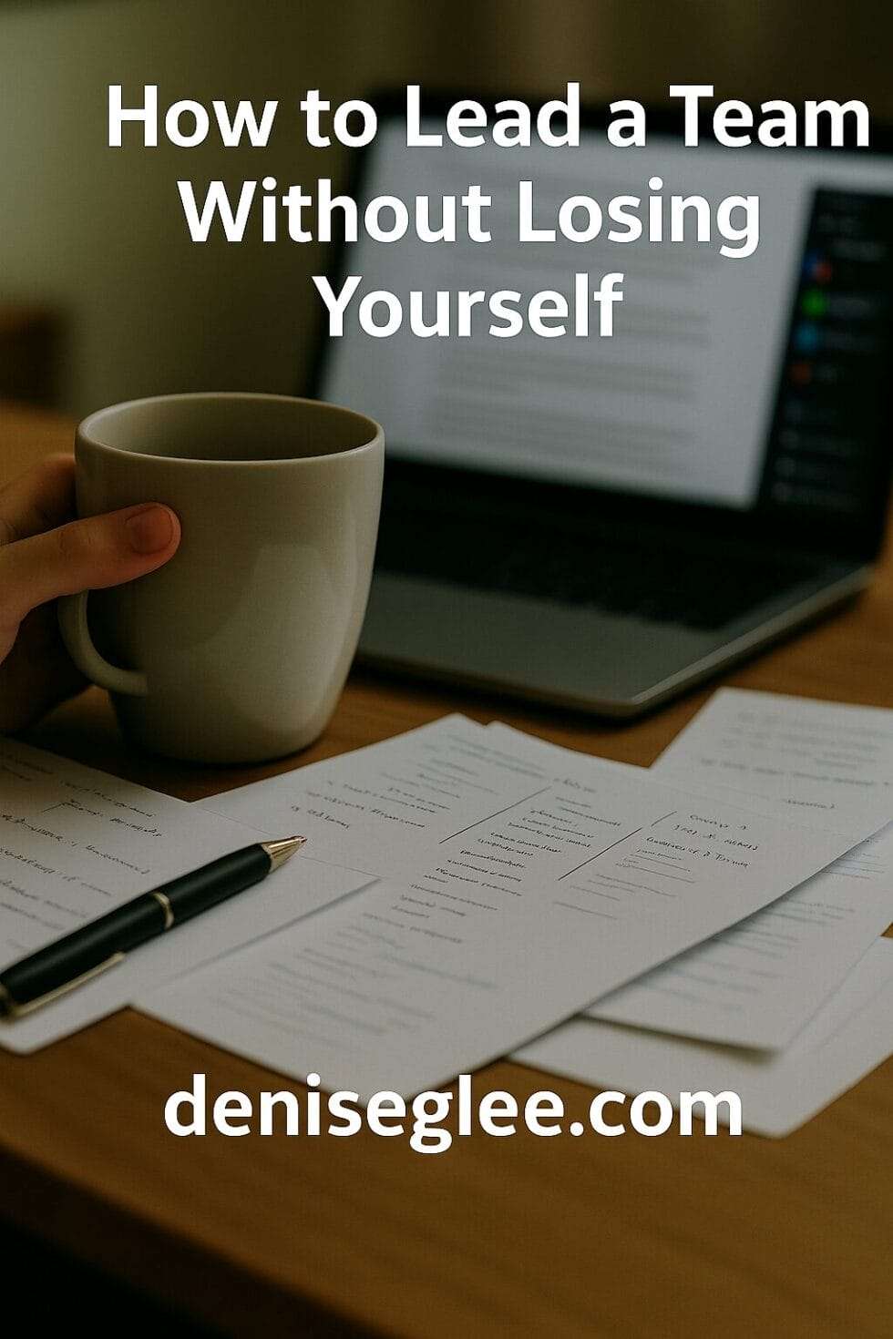 A person holding a coffee mug at a desk with papers and a laptop, overlaid with the full title “How to Lead a Team Without Losing Yourself” at the top and deniseglee.com at the bottom