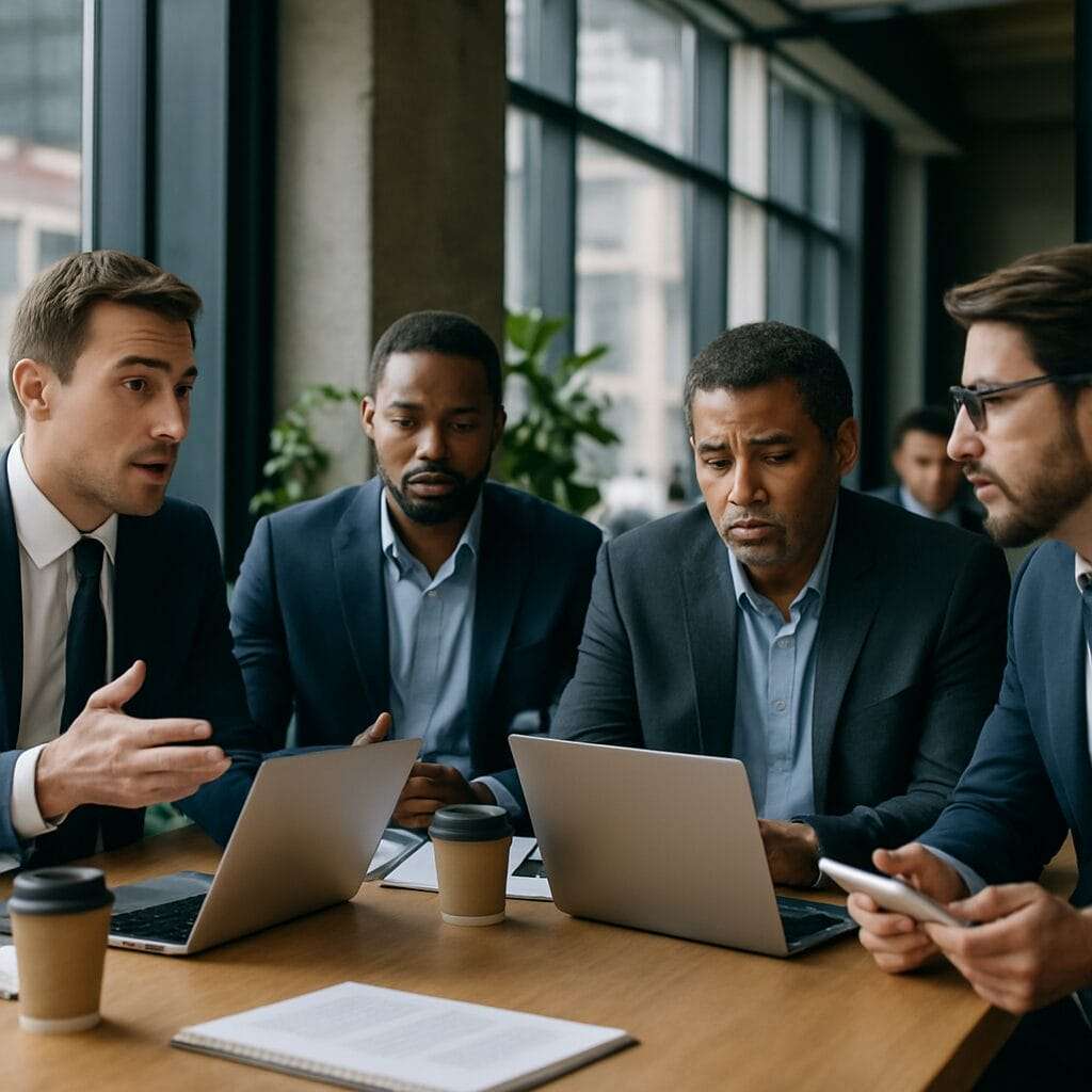 Group of professional men with one member emotionally disengaged.