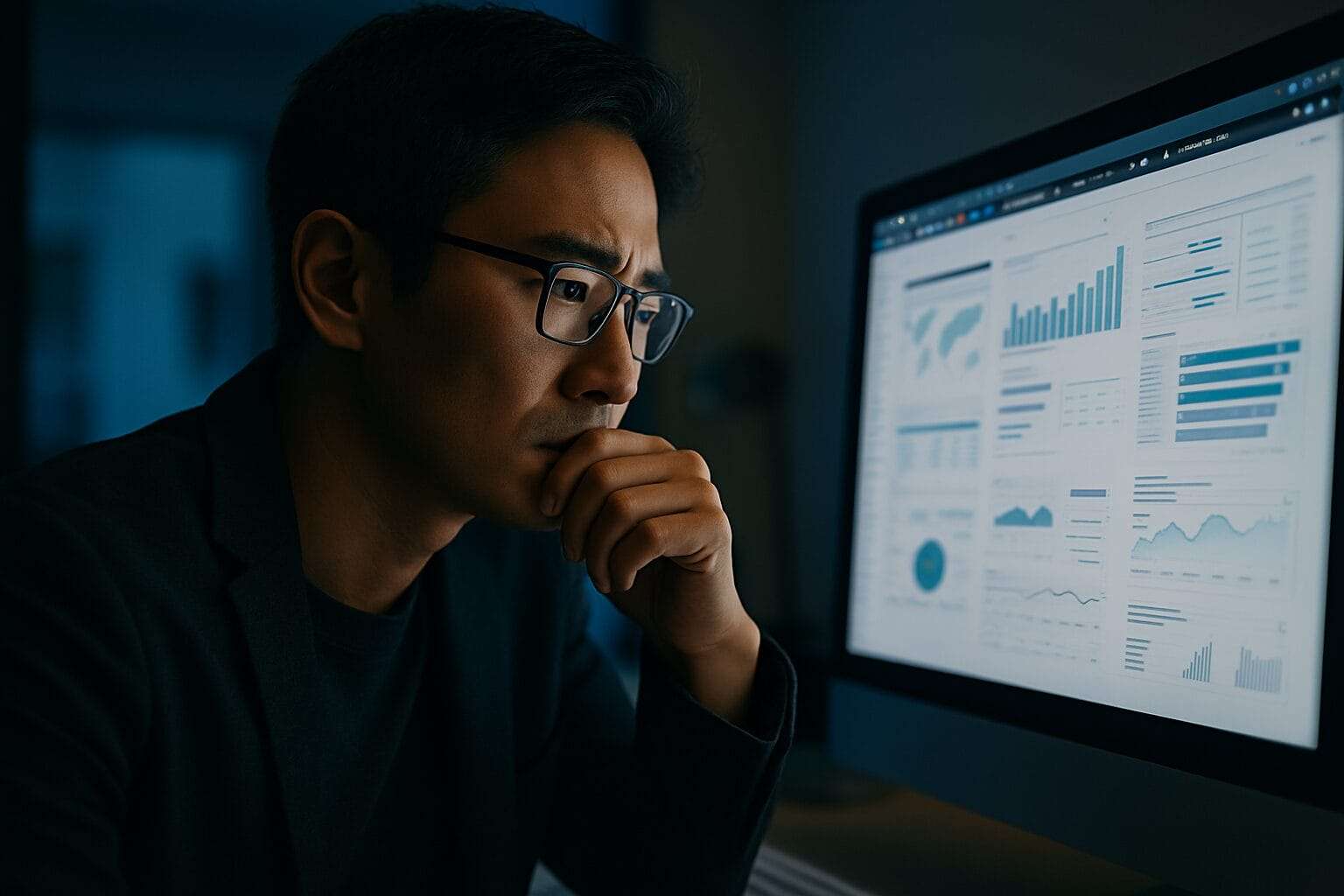 East Asian man in his 30s staring thoughtfully at a data-filled computer screen in a dim office