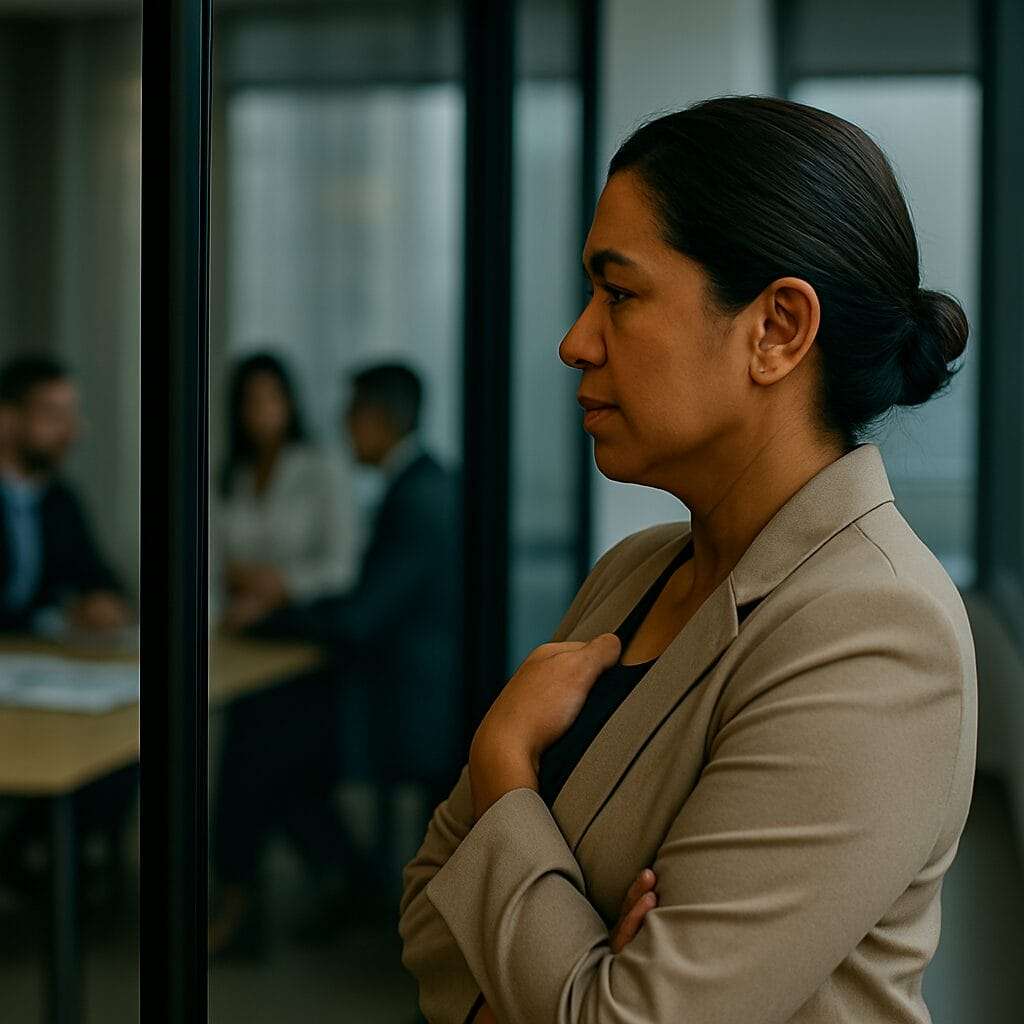 Indian woman, early 40s) standing alone in a hallway near a meeting room—hand on chest or arms crossed, with the team blurred in the background.